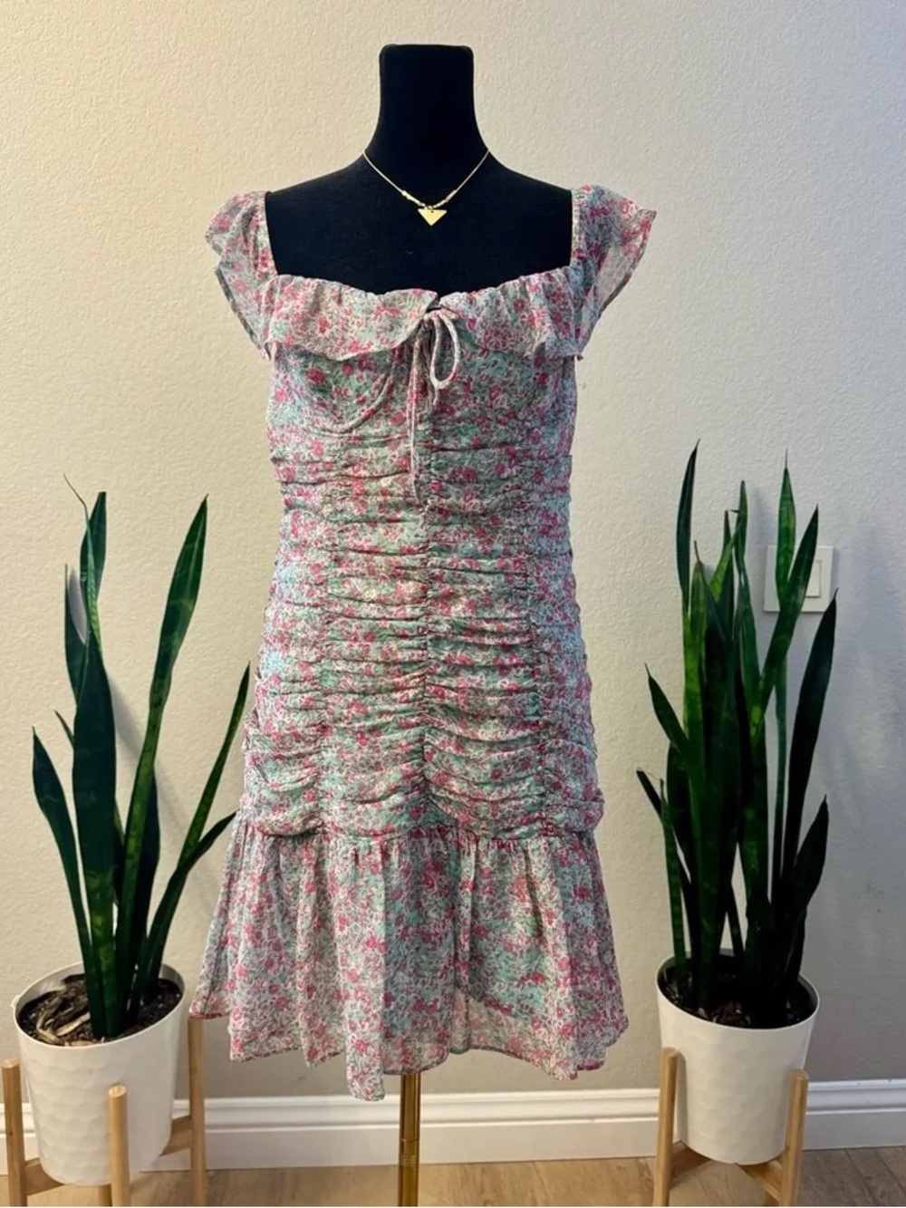 Ruched Floral Mini Dress in Pink and Mint